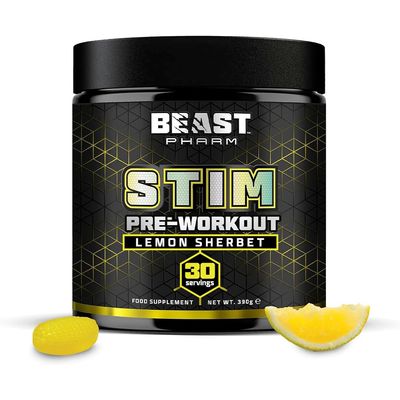 Beast Stim Pre Workout Powder - 30 Servings - Gym Supplements for Men and Women 390g - Beta Alanine Preworkout - Lemon Sherbet