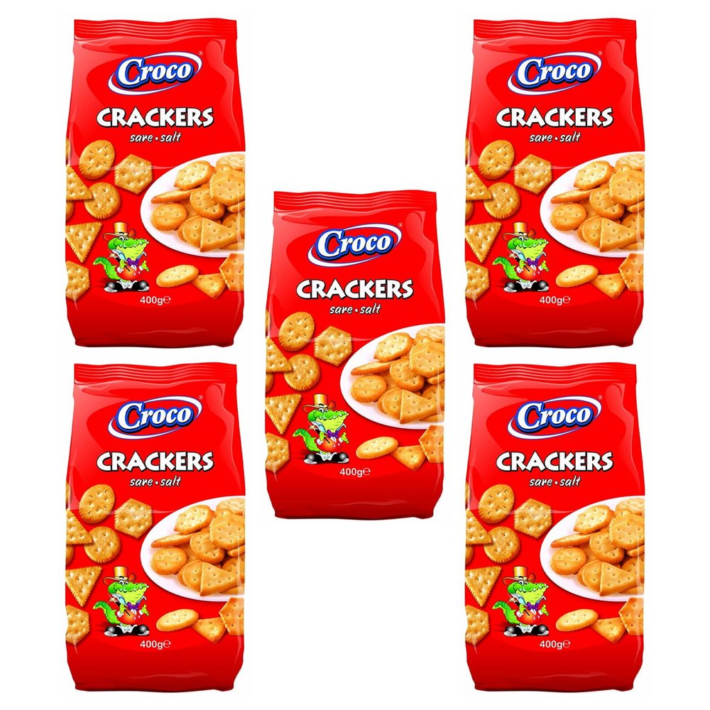 Croco Crackers Salted 400g | Romanian Traditional Perfectly Baked Crunchy Snack | Movie Night or Kids Parties | Delicious and Nutritious Snack | Quick Energy Boost (Cracker Salted 400g, 5 Pack)