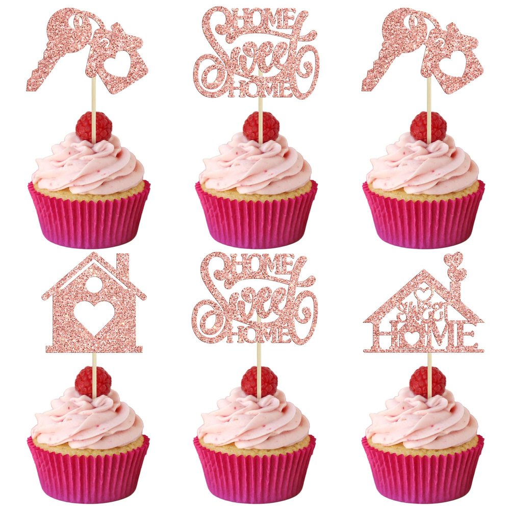 24Pcs Sweet Home Cupcake Toppers Rose Gold Glitter Welcome Home Cupcake Picks Key Lock Housewarming Cupcake Toppers New Home Theme Party Cake Decorations Supplies