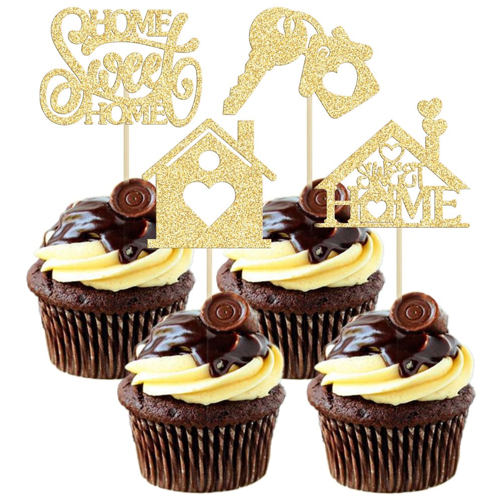 24Pcs Sweet Home Cupcake Toppers Glitter Key Housewarming Cupcake Pick Decorations for Welcome New Home Theme Party Cake Decorations Supplies Gold