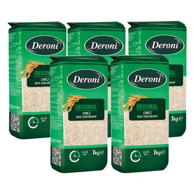 Deroni Orez Original White Rice 1Kg | Long Grain White Rice | Fluffy and Flavorful Side Dish | Grown in Romania | Ideal for Stir Frys, Salads & Currys | Pack of 5