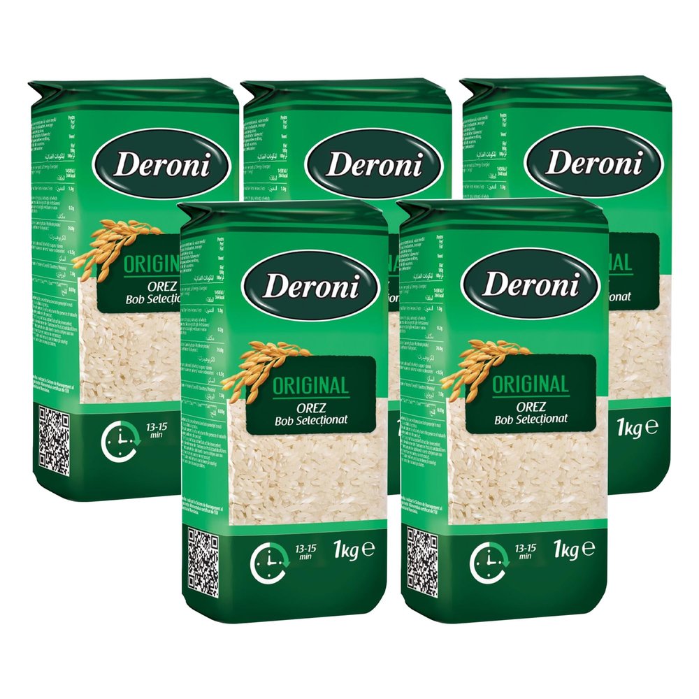 Deroni Orez Original White Rice 1Kg | Long Grain White Rice | Fluffy and Flavorful Side Dish | Grown in Romania | Ideal for Stir Frys, Salads & Currys | Pack of 5