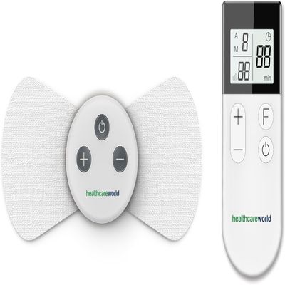 Healthcare World Wireless TENS Machine for Pain Relief Portable Nerve Muscle Stimulator with 15 Modes & 16 Intensity Levels Rechargeable TENS Unit 2 Self-Adhesive Pads for Back Neck & Knee Therapy