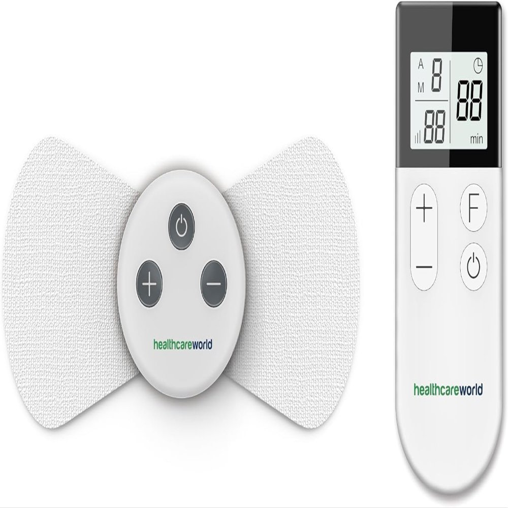 Healthcare World Wireless TENS Machine for Pain Relief  Portable Nerve Muscle Stimulator with 15 Modes & 16 Intensity Levels  Rechargeable TENS Unit 2 Self-Adhesive Pads for Back Neck & Knee Therapy