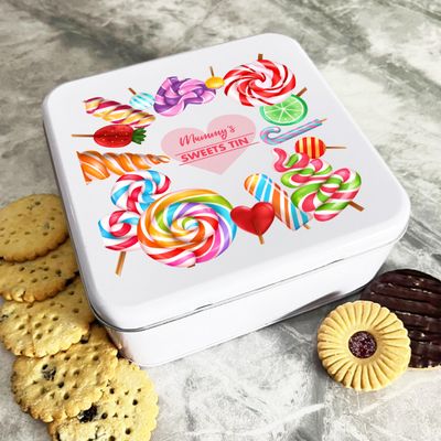Personalised Square Rainbow Lollipops Mummys Biscuit Sweets Cake Treat Tin Personalised Gift | Custom Gift | Personalized Tin | Cake, Biscuit & Treat Tins | Gift For Her | Gift For Him