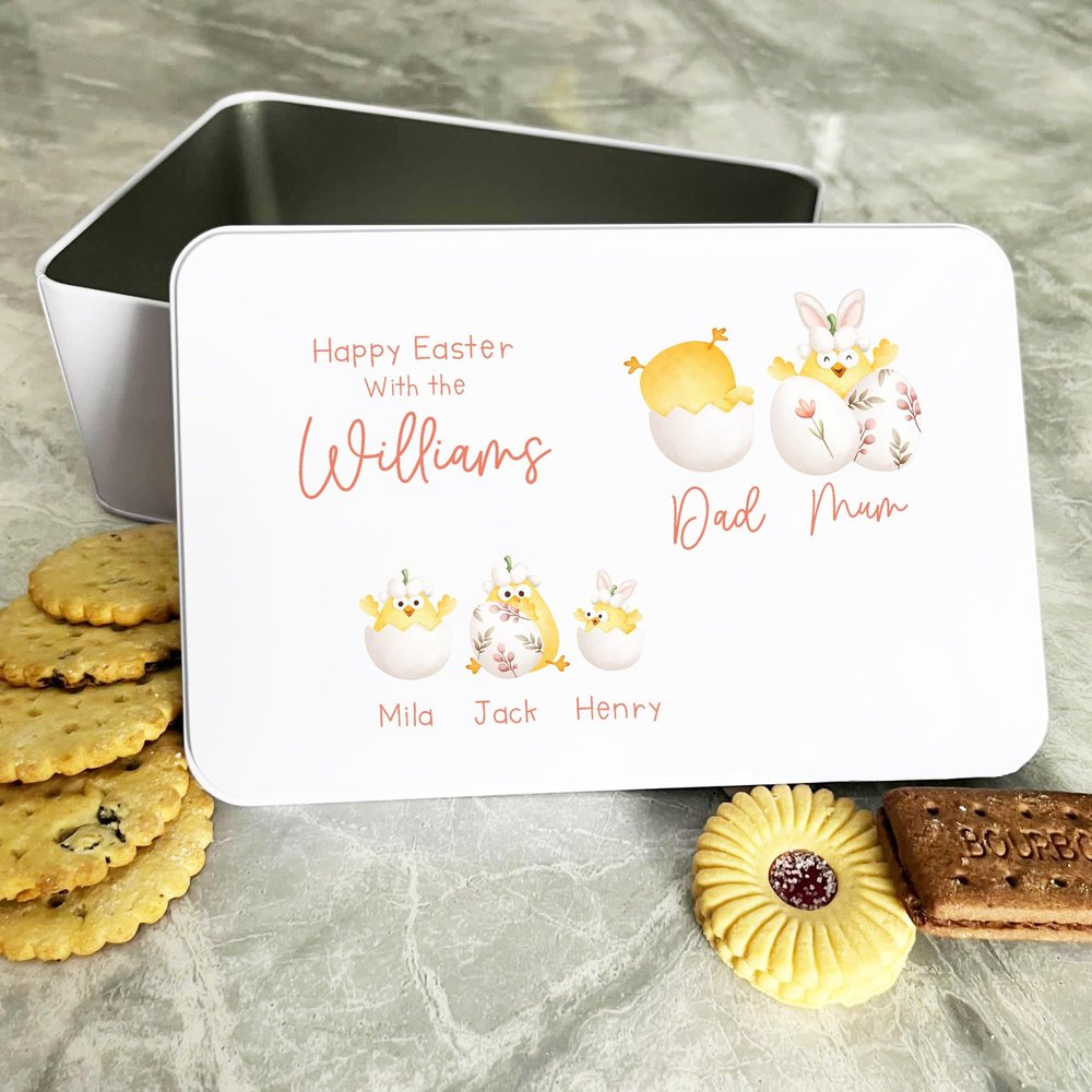 Cute Easter Chicks Family Personalised Gift Cake Biscuits Sweets Treat Tin Personalised Gift | Custom Gift | Personalized Tin | Cake, Biscuit & Treat Tins | Gift For Her | Gift For Him