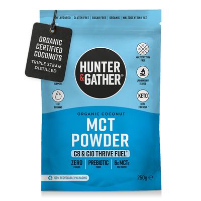 Hunter & Gather Thrive Fuel C8/C10 MCT Powder 250g | Triple Steam Distilled 100% Organic Certified Coconut | Keto, Low Carb & Paleo | Sugar, Gluten & Seed Oil Free