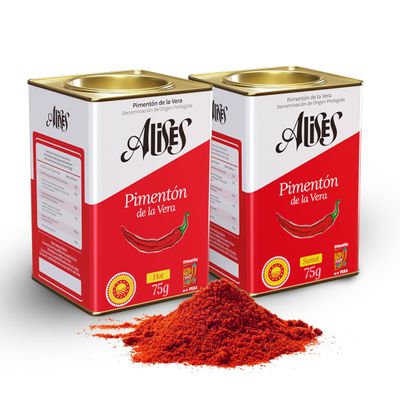 Alises Smoked Paprika Duo 75g x2  Sweet + Hot  7% More in Each Tin (vs Standard 70g) - D.O.P. Pimentn de la Vera  Authentic Spanish Paprika