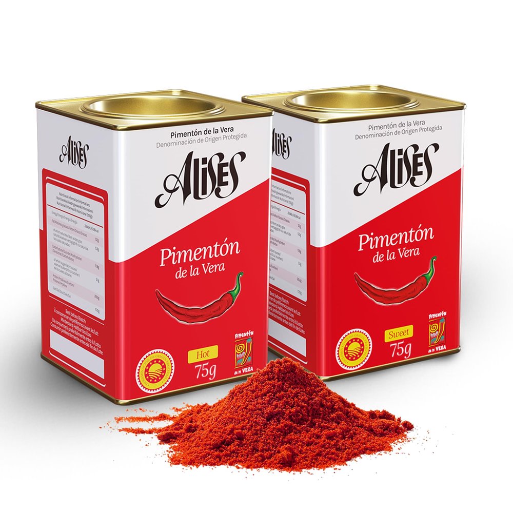 Alises Smoked Paprika Duo 75g x2  Sweet + Hot  7% More in Each Tin (vs Standard 70g) - D.O.P. Pimentn de la Vera  Authentic Spanish Paprika
