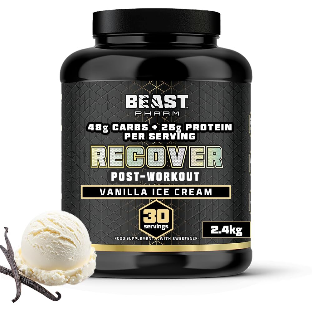 Beast - Mass Gainer 48g Carbs 25g Whey Protein Powder by Eddie Hall - Muscle Recovery and Growth - 30 Servings, 2.4kg - Vanilla Ice Cream