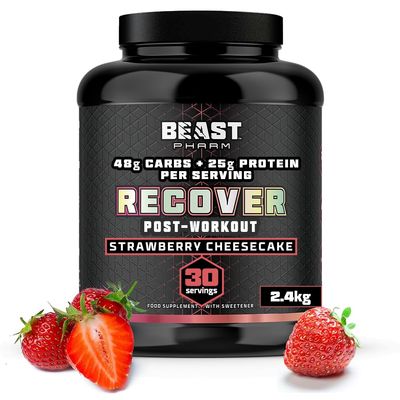 Beast - Mass Gainer 48g Carbs 25g Whey Protein Powder by Eddie Hall - Muscle Recovery and Growth - 30 Servings, 2.4kg - Strawberry Cheesecake