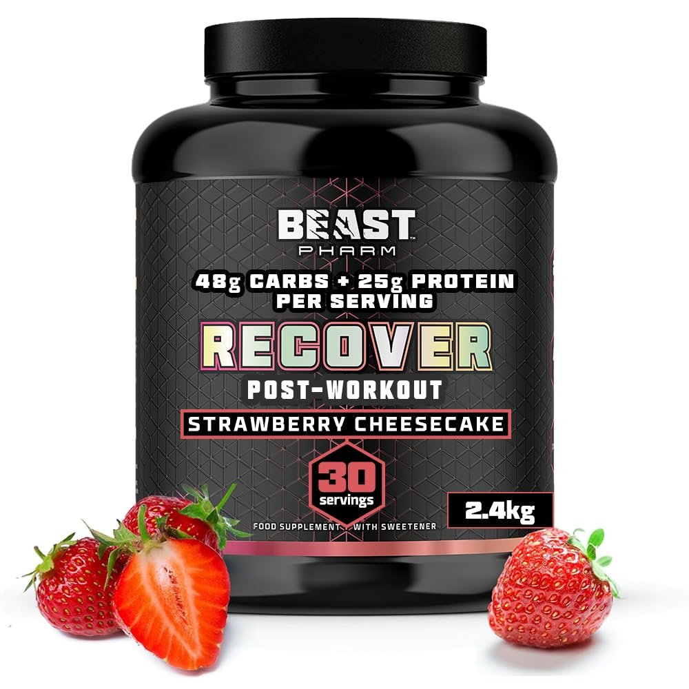 Beast - Mass Gainer 48g Carbs 25g Whey Protein Powder by Eddie Hall - Muscle Recovery and Growth - 30 Servings, 2.4kg - Strawberry Cheesecake