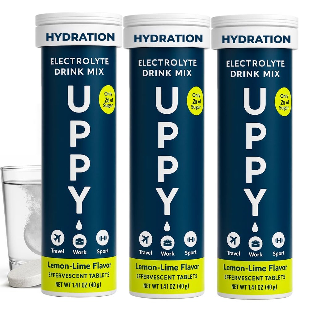 Uppy! Jet Lag Relief Lemon Lime Electrolyte Hydration Tablets 30 Count (3x10) Dissolves in Water to Fight Dehydration For Travellers, Athletes & Festival-Goers Travel-Friendly Wellness Essential