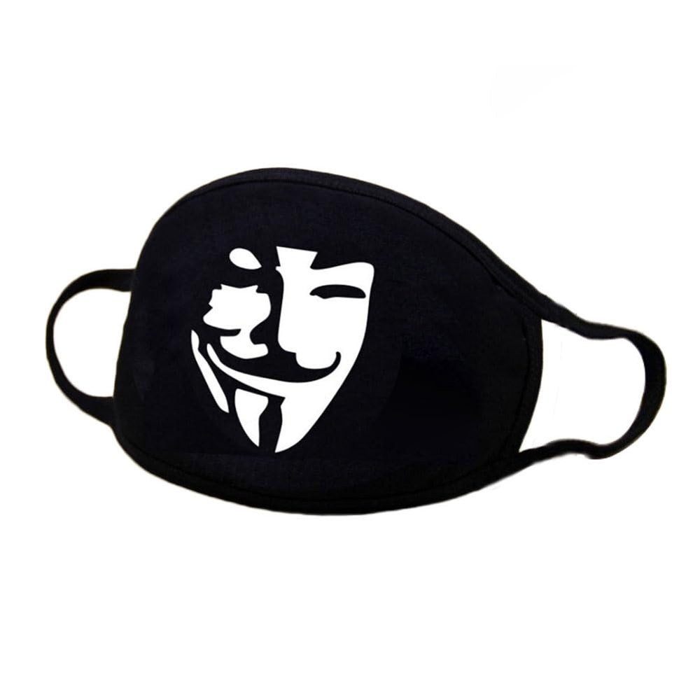 Cotton Mask, Reusable Black Daily Anti-Dust Mouth Cover with Funny Patten for Outdoor Activities (V-Shaped Face)