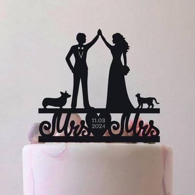 Lesbian Wedding Cake Topper, With Dog Lesbian Corgi Cat Couple, 6-7.8 Inch For Party Cake, Lover, Newlyweds