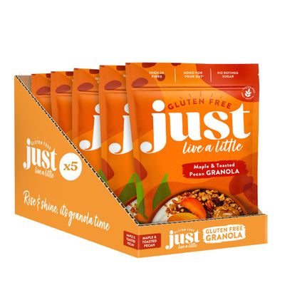 Just Live a Little Maple Syrup,Pecan & Cinnamon Granola | 5 x 360g packs | Vegan | Gluten Free | No Added Sugar - High in Fibre Breakfast Cereal - Low Sugar Granola