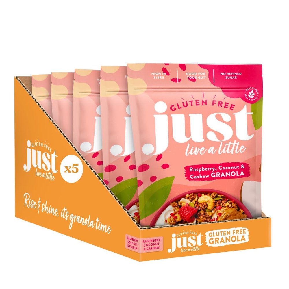 Just Live a Little Gluten Free Granola | 5 x 360g packs | Vegan | No Added Sugar (Raspberry, Coconut & Cashew)