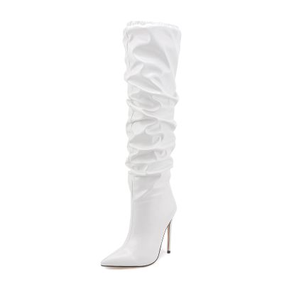 WOkismD 12CM/4.72IN Pointed Toe Stiletto Heel Super High Heel Wrinkled Boots High Heel Knee-High Boots Knight Boots,White,38