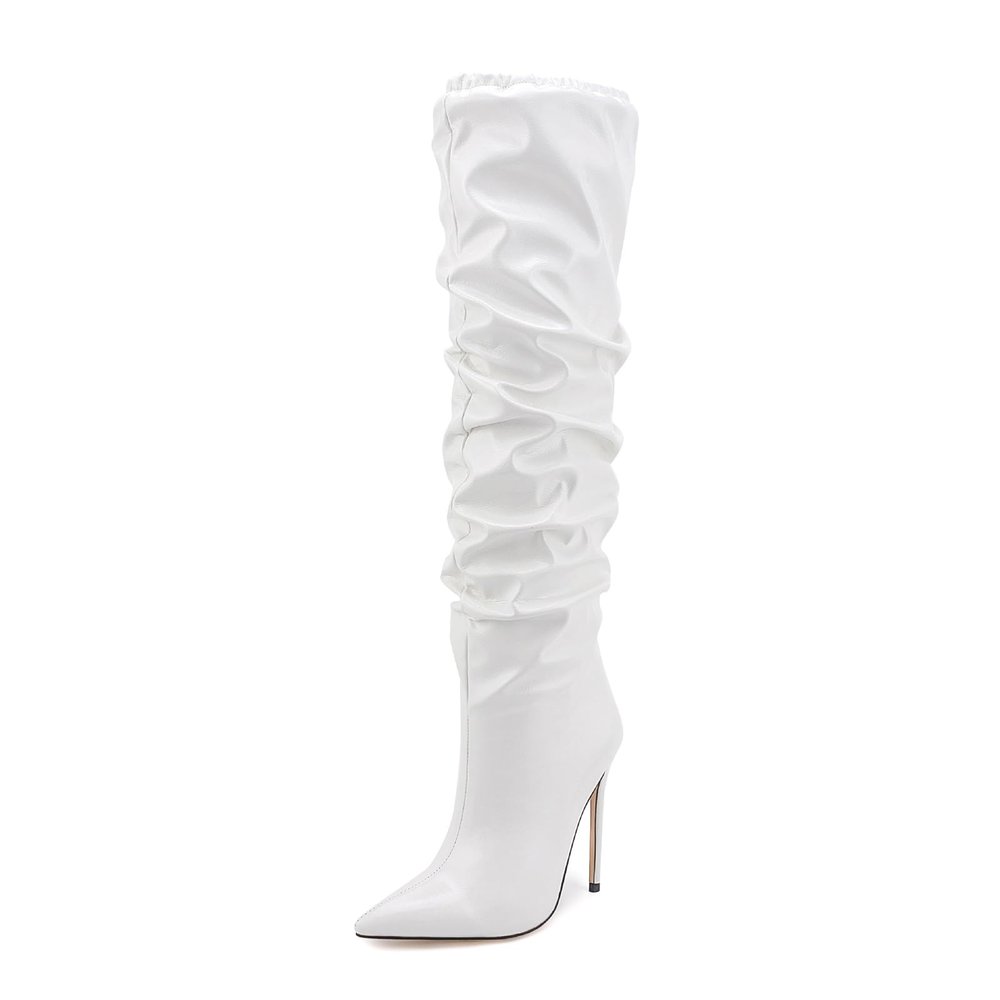 WOkismD 12CM/4.72IN Pointed Toe Stiletto Heel Super High Heel Wrinkled Boots High Heel Knee-High Boots Knight Boots,White,38