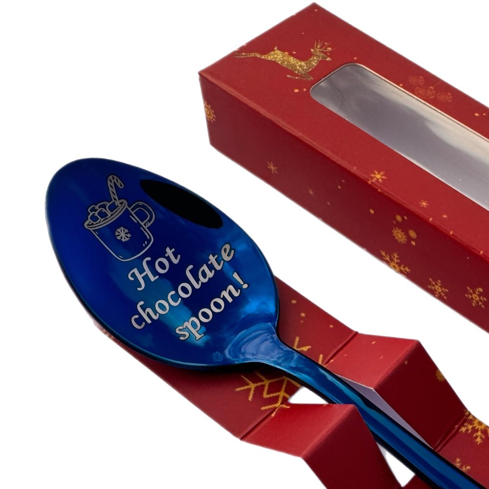 Premium Hot Chocolate Spoon with Christmas 2023 Gift Box - 15cm Size - Available in Silver, Gold, Rose Gold, Black, Blue, Rainbow, and Purple - Holiday xnas Gift