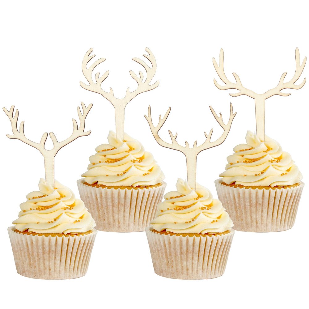 Gyufise 24Pcs Deer Antler Cupcake Toppers Wooden Antler Cake Picks Merry Christmas Cake Decorations Wedding Baby Shower Birthday Hunting Xmas Holiday Party Cake Decoration Supplies