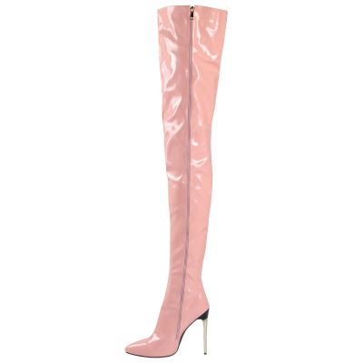WOkismD 11CM/4.33IN Winter Sexy Pointed Toe Side Zipper Patent Leather Stiletto Heel Over-The-Knee Boots Large Size Leather Boots,Pink,37