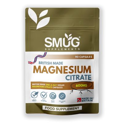 Magnesium Citrate British Made by SMUG Supplements - 90 Vegan Capsules not Tablets - Providing 180mg Elemental Magnesium - Highly Absorbable Daily 600mg Supplement for Men and Women