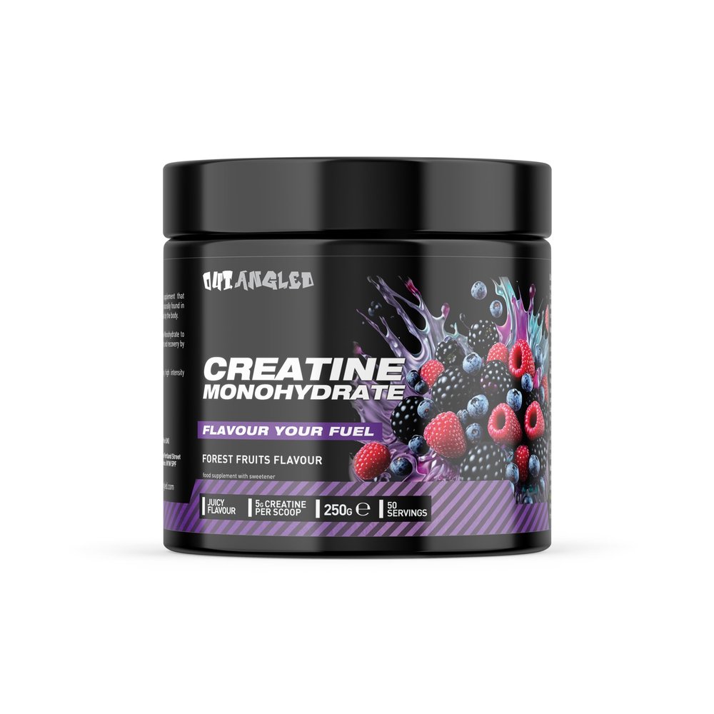 Out Angled Creatine Monohydrate Powder, Forest Fruits, 50 Servings, Micronised for Easy Mixing, Muscle Growth, Muscle Recovery and Strength Performance