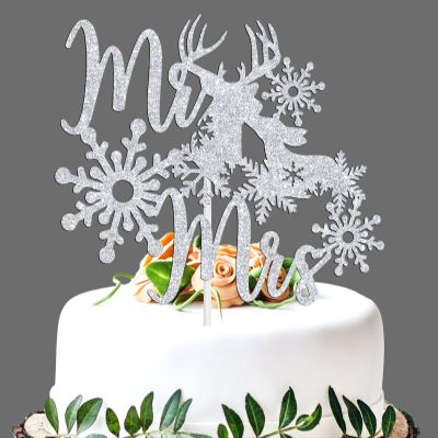 Mr & Mrs Cake Topper - Winter Snowflake Love Wedding, Bridal Shower, Engagement, Wedding Anniversary Party Decorations Supplies, Silver Glitter