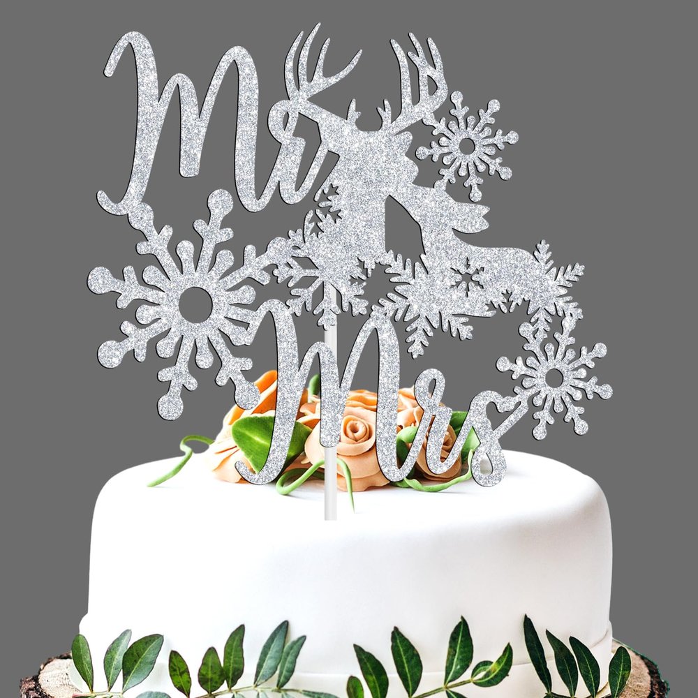 Mr & Mrs Cake Topper - Winter Snowflake Love Wedding, Bridal Shower, Engagement, Wedding Anniversary Party Decorations Supplies, Silver Glitter