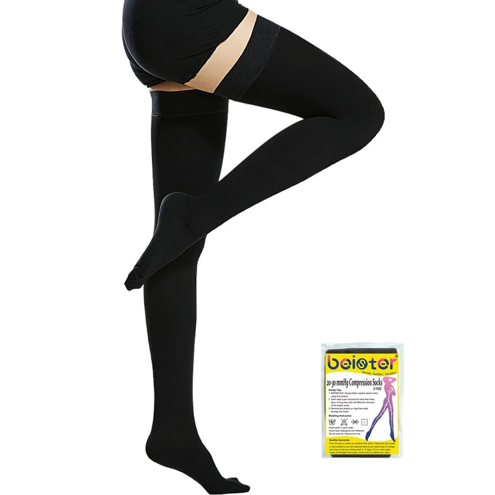 Beister Medical Closed Toe Thigh High Compression Stockings with Silicone Band for Women & Men, Firm 20-30 mmHg Graduated Support for Varicose Veins, Edema, Flight 1 Pair