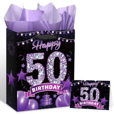 Black Purple 50th Birthday Gift Bag With Greeting Card and Tissue Paper for Women - Party Decorations Supplies With Handles