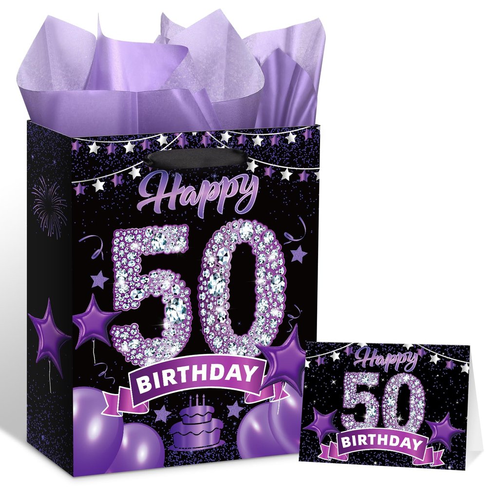 Black Purple 50th Birthday Gift Bag With Greeting Card and Tissue Paper for Women - Party Decorations Supplies With Handles