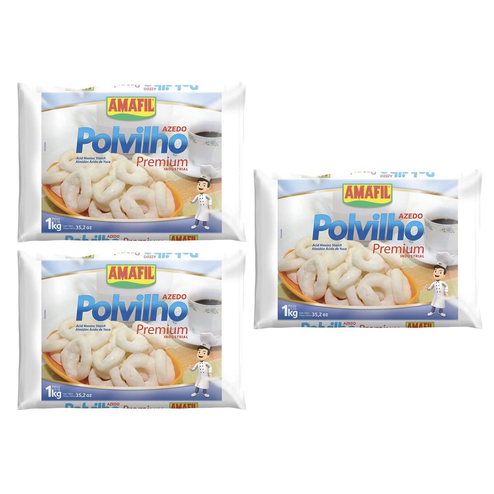 AMAFIL Polvilho Azedo 1000g | Sour Manioc Starch 1kg | Idea for Making Famous Brazilian Cheese Bread | Thickening Ingredient | Gluten-Free Replacement (Sour Tapioca Flour, 3 Pack)