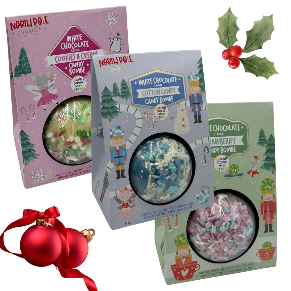 AKEDE Hot Chocolate Gift Set - Bomb Cocoa Bombe 3 X Festive Themed With Marshmallow Toppers, Peppermint Candy Canes, Christmas Jelly Pops Pack Of 9 (Milk)
