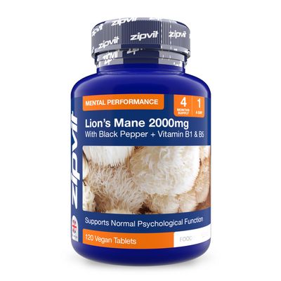 Zipvit Lions Mane Supplement 2000mg with B1, B5 & Black Pepper, 4 Months Supply, Lions Mane Mushroom 15:1 Extract, Supports Mental Performance, 120 Vegan Tablets
