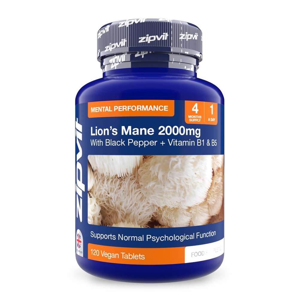 Zipvit Lions Mane Supplement 2000mg with B1, B5 & Black Pepper, 4 Months Supply, Lions Mane Mushroom 15:1 Extract, Supports Mental Performance, 120 Vegan Tablets