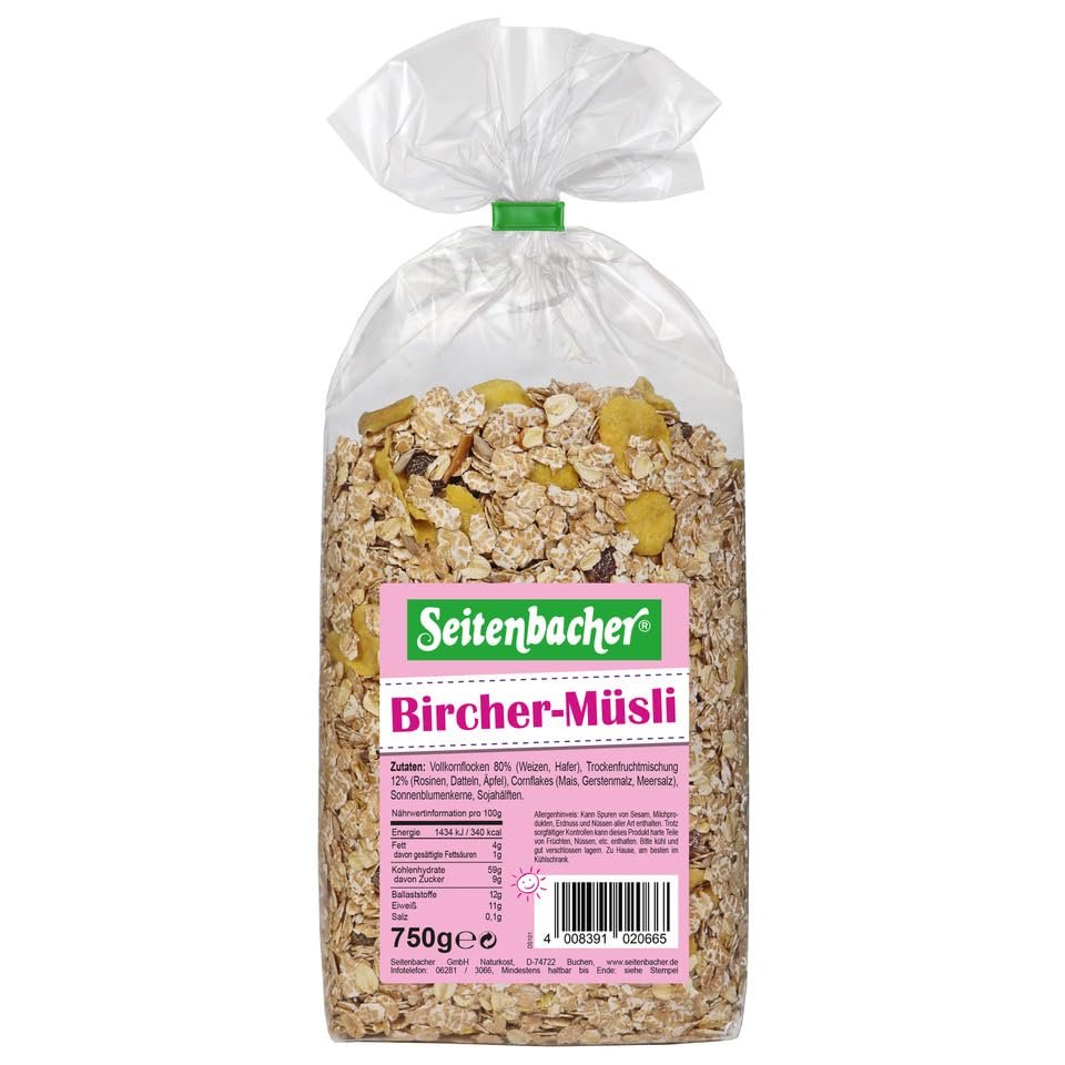 Seitenbacher Bircher Muesli I Whole Grain Cereals I Wheat I Oats I Corn Flakes I Raisins I 3 x 750 g
