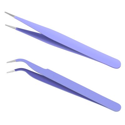Ainiv 2Pcs Straight Curved Tweezers, Lash Tweezer, Stainless Steel Pointed Tweezers Kit, Sticker Tweezer Tool for Eyelash Extensions, DIY Crafts, Nail Art, Jewelry Making (Purple)