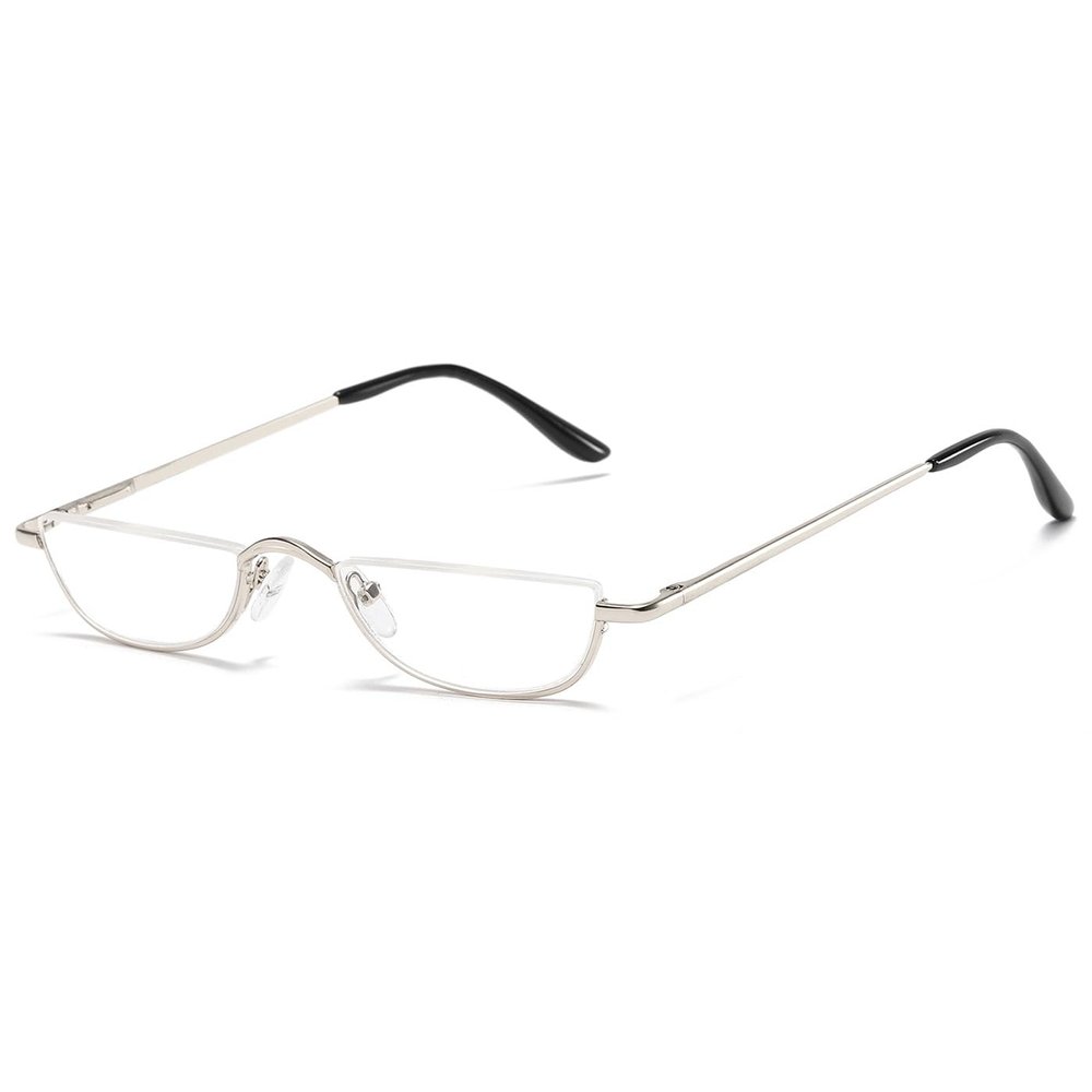ABETOS Half Moon Reading Glasses Half Frame Semi Rimless Metal Strong Eyewear Spring Hinge Clear Lens Lightweight Fashion Computer Readers for Men Women, Silver 2.5