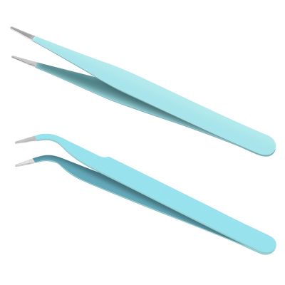 Ainiv 2Pcs Straight Curved Tweezers, Lash Tweezer, Stainless Steel Pointed Tweezers Kit, Sticker Tweezer Tools for Eyelash Extensions, DIY Crafts, Nail Art, Jewelry Making (Blue)