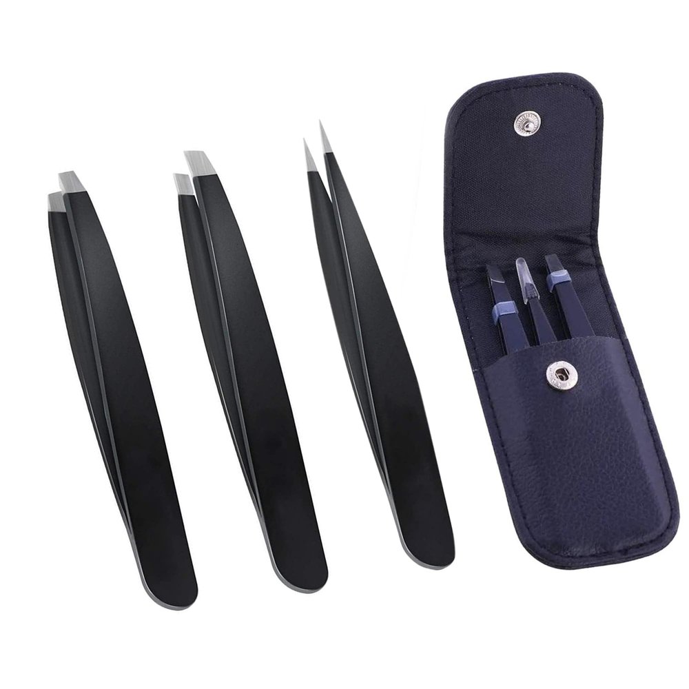 3pc Tweezer Set with Leather Pouch. Beauty Set Includes Flat Tipped, Fine Tip and Slanted tip Tweezers for Precise Hair Removal, Removing Splinters, Nail Art and More