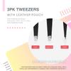 3pc Tweezer Set with Leather Pouch. Beauty Set Includes Flat Tipped, Fine Tip and Slanted tip Tweezers for Precise Hair Removal, Removing Splinters, Nail Art and More view 3