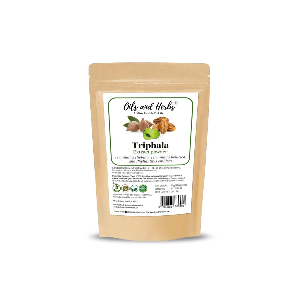 High Strength Triphala Extract Powder 5:1-Blend of Terminalia chebula,Terminalia bellirica, and Phyllanthus emblica-No fillers and Binders (300 GM) - Natural and Pure - by Oils and Herbs UK