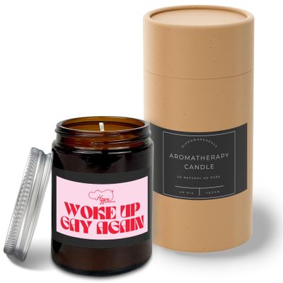 Hippowarehouse Pink Woke up Gay Again Candle Aromatherapy 40hr Scented Gift Set Anxiety Relief Sleep Vegan 200g R