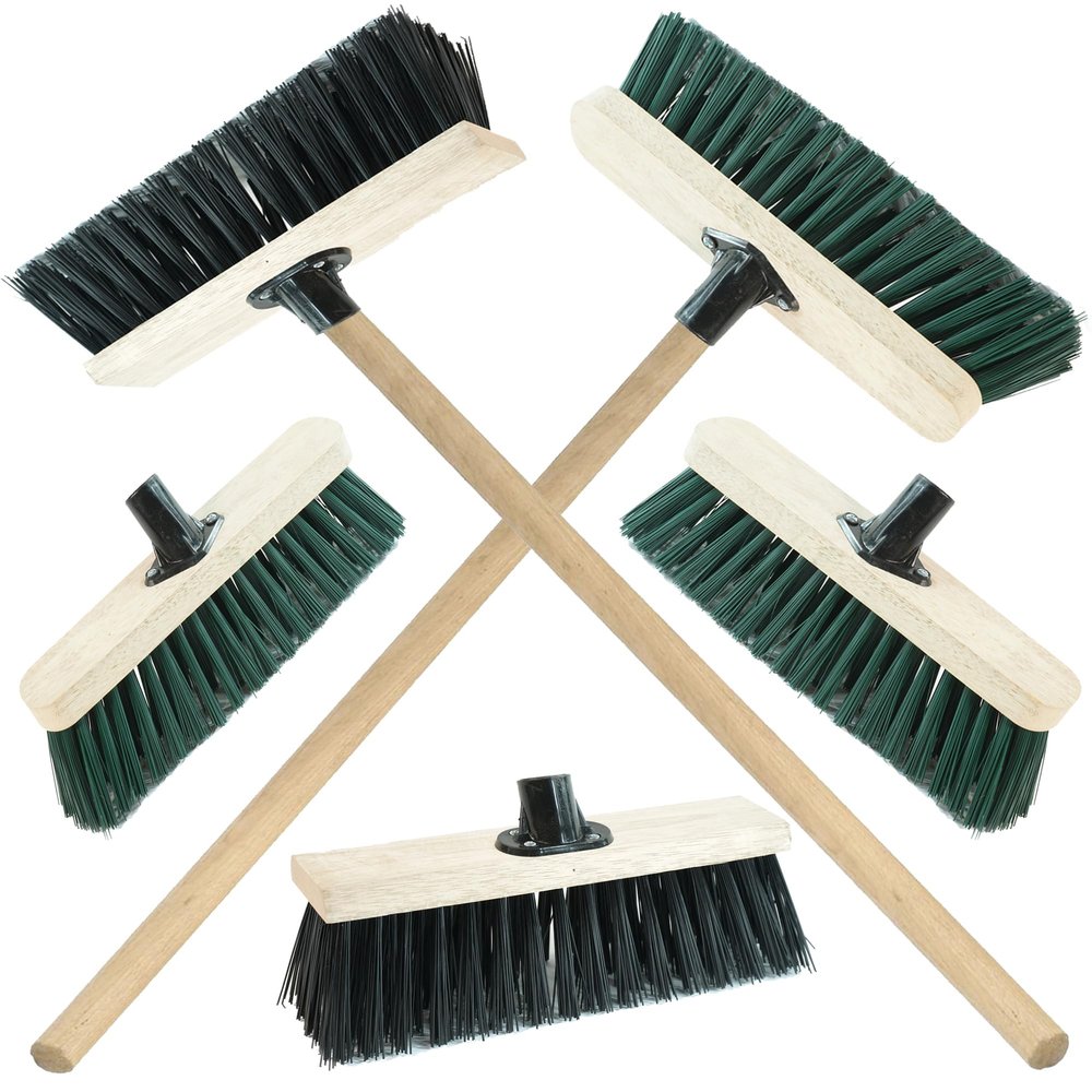 Strong PVC Bristle Brooms/Sweeping Brush With Wooden Handle Garden Brooms For Cleaning Patio Yards Driveways Warehouse and Garage (1, 13" Black)