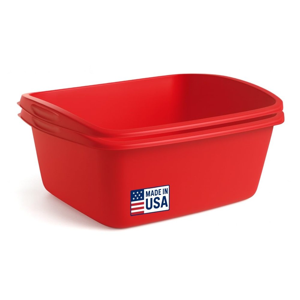 Tribello 2-Pack Red Plastic Dishpans, 12 Quart Rectangular Sink Dishpan Wash Basin and Foot Bath, Heavy Duty with Handles - Made in USA