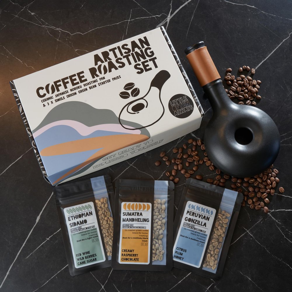 Roast Your Own Coffee Gift Set for Coffee Lovers - includes artisan Roasting Pan Green Coffee Beans How to Guide Light Medium Dark Level
