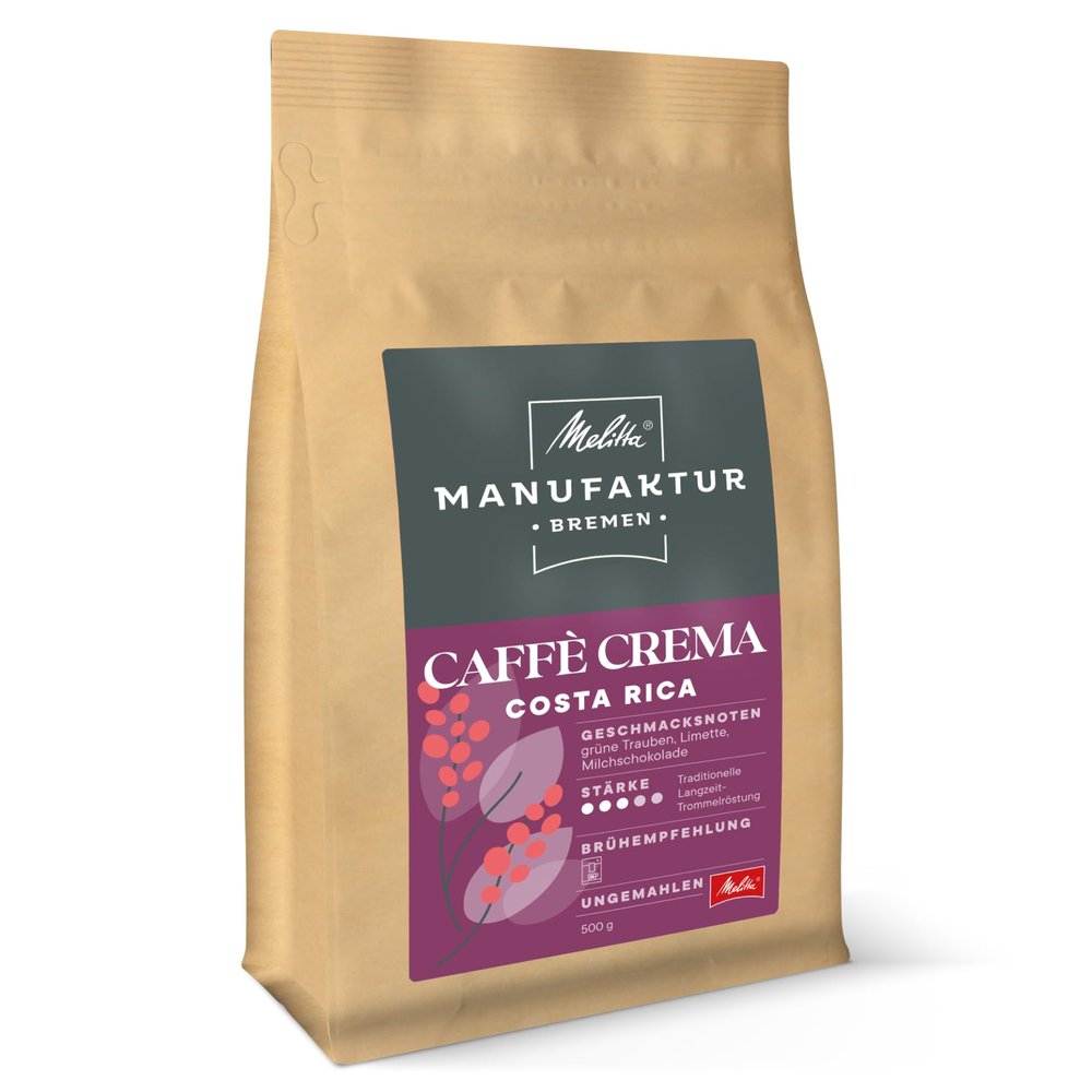 Melitta Manufactory Coffee Caff Crema Specialities, 500 g, Beans, Unground, Single Origin Farm from Costa Rica, Roasted in Germany, Strength 3