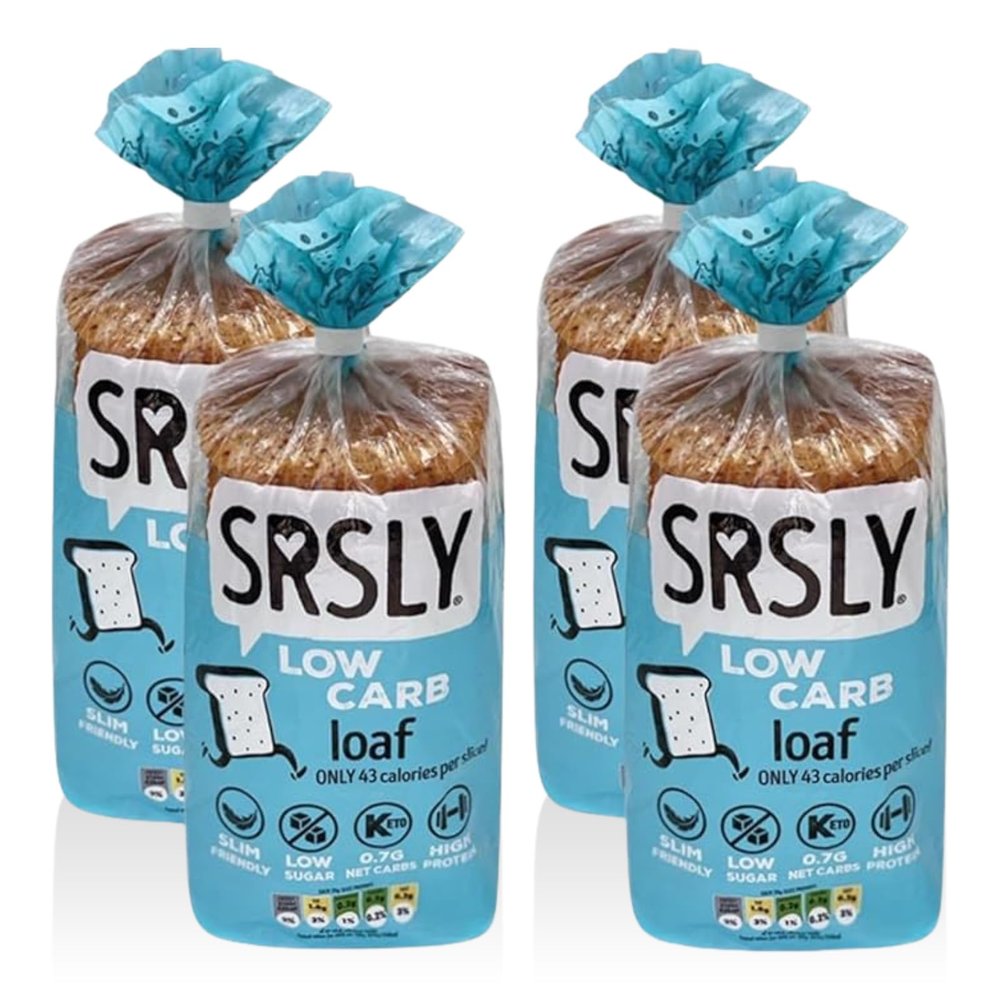 SRSLY Low Carb Keto Bread - Only 0.7g Carbs & 43 Kcals Per Slice - Freshly Baked Light & Fluffy  Sugarwise Certified Low Sugar Bread - High Protein High Fibre - 1 Sliced Loaf - Pack of 4